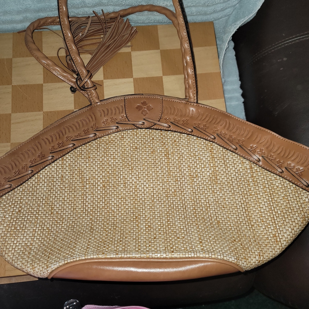 Woven Straw Tote Bag with Brown Trim